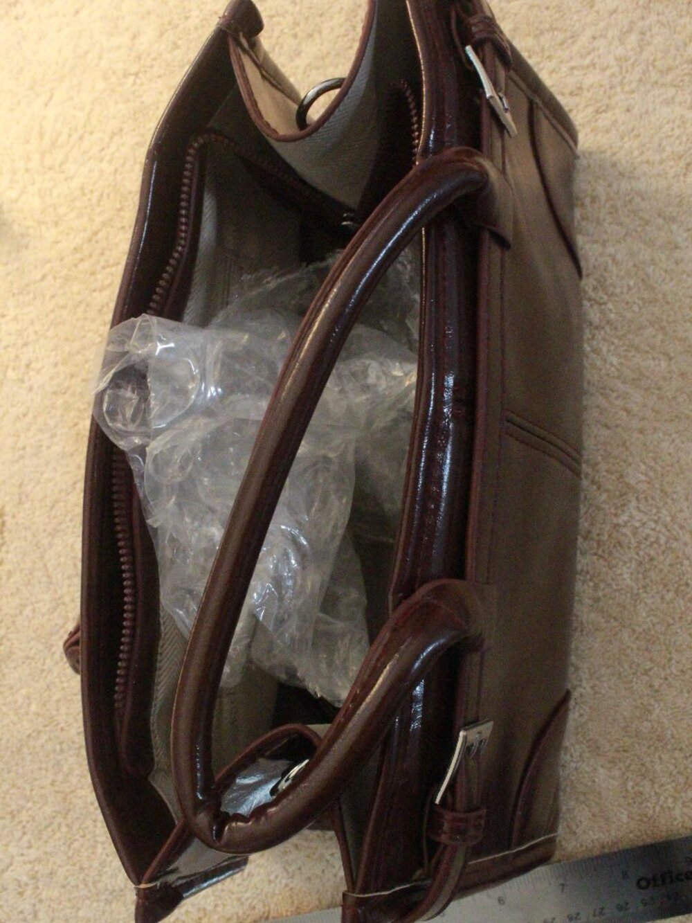 Title: Brown Structured Double Handle Satchel with Buckle Details
